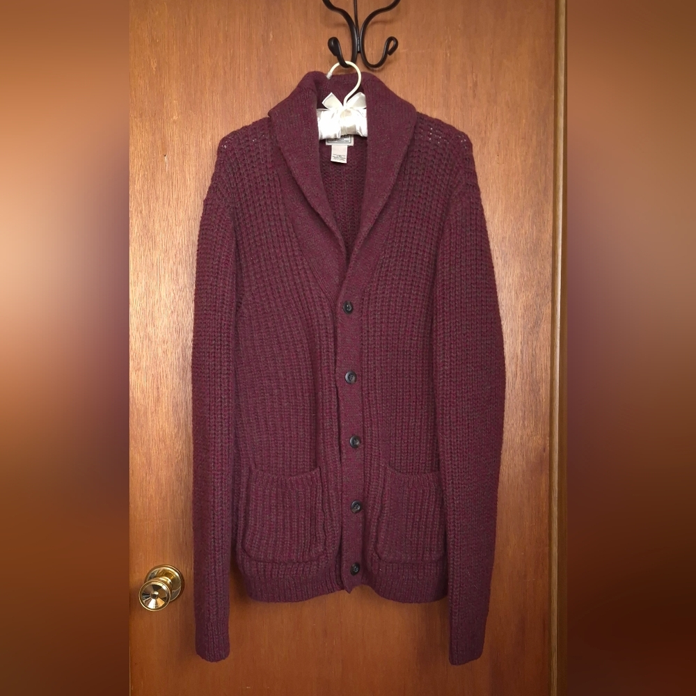 Vtg LL Bean Burgundy Wool Chunky Sweater Cardigan